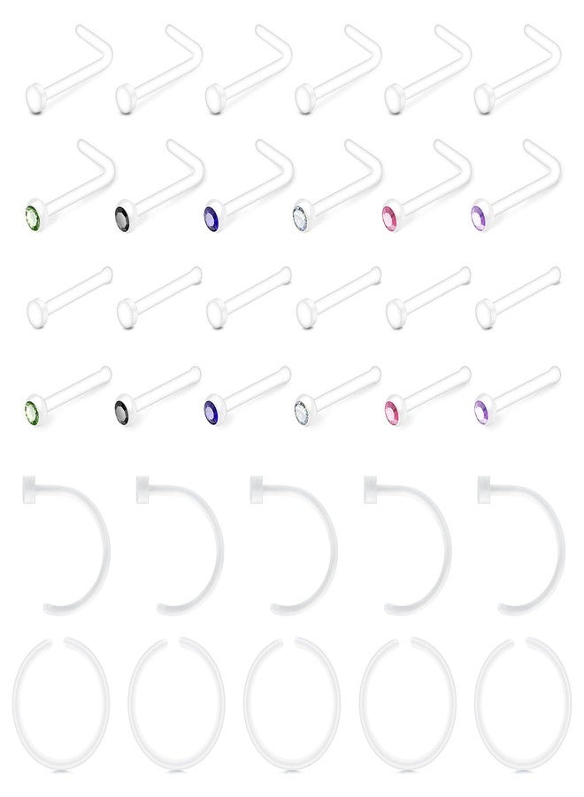 JFORYOU 20g Clear Nose Studs Rings Retainers for Surgery Work 34Pcs Bioflex Plastic Flexible L Shape Flat Top Nose Corkscrew Nostril Bone Piercing Spacers Jewelry - Image 1